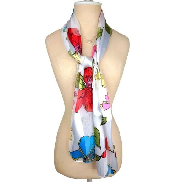 Floral Scarf Red White Blue Pink Green 59 inches long - Picture 1 of 9